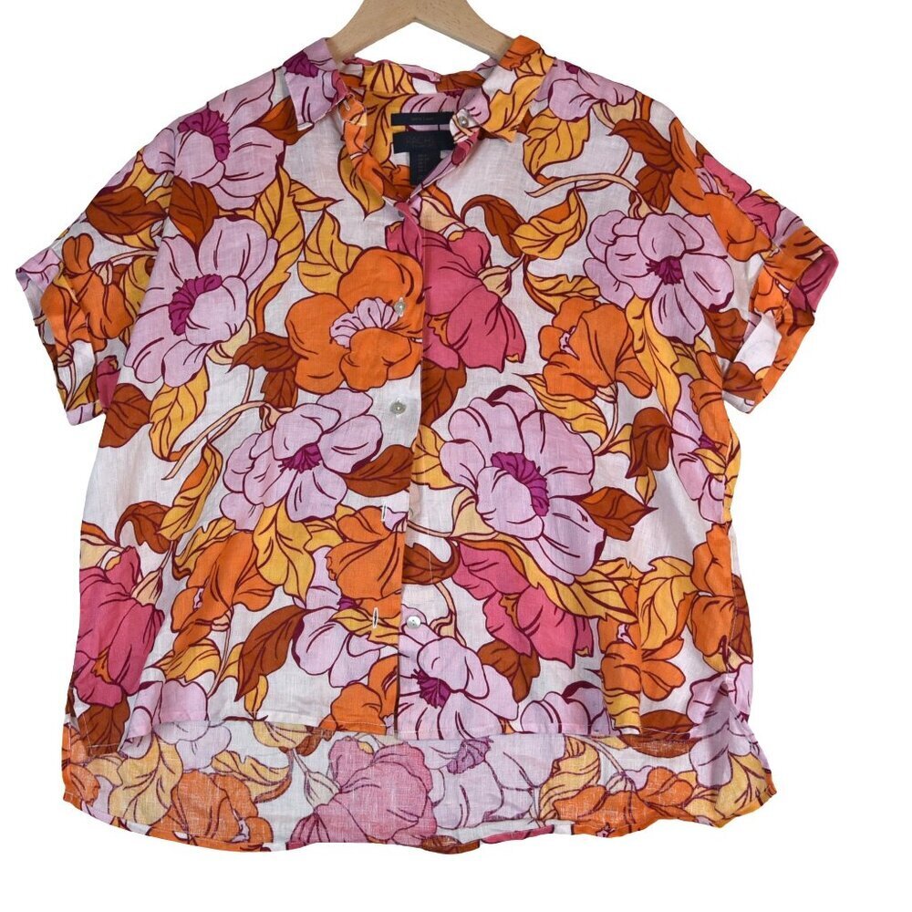 Rachel Roy Linen Floral Shirt Size S 70s Tropical Retro Boho Vacation Button Up